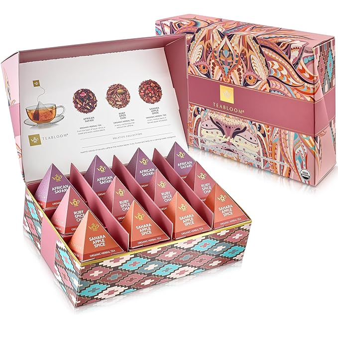 Teabloom Solstice Organic &amp Kosher Certified Rooibos Tea Gift Assortment 12 Compostable Pyramid Sachets Caffeine Free Herbal Tisanes Premium Rooibos Sampler