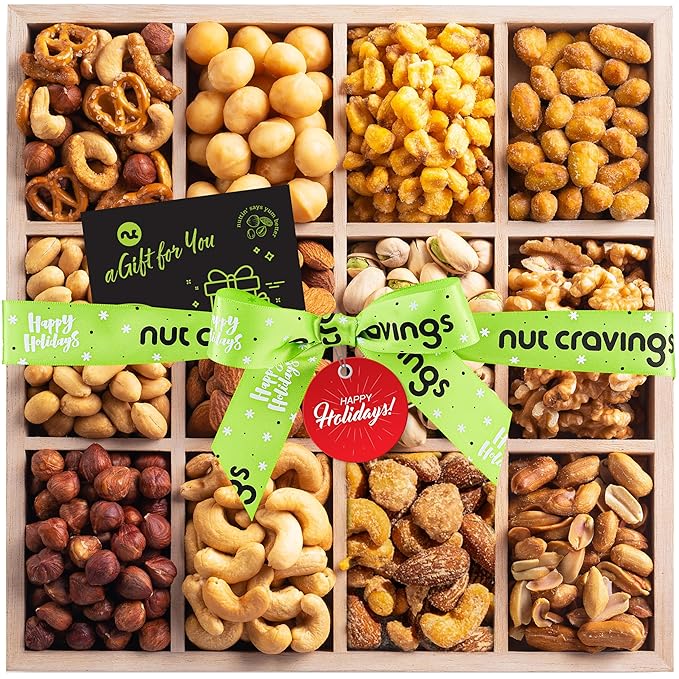 NUT CRAVINGS Gourmet Collection - Christmas Treats Nuts Gift Basket with Happy Holiday Ribbon in Reusable Wooden Tray (12 Assortments) Food Arrangement Healthy Snack Care Package Kosher