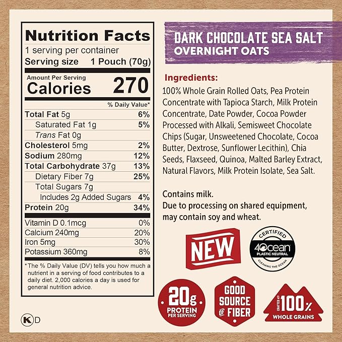 Kodiak Cakes Protein Overnight Oats Variety Pack - Cookie Butter Dark Chocolate Sea Salt Maple Pecan 12 Count High Protein