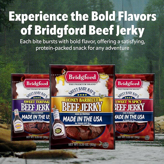 Bridgford Sweet Baby Ray's Beef Jerky Honey BBQ 10 oz Pack of 3 - High Protein Jerky for Midday Energy Boost or Post Workout Snack - Naturally Smoked Ready to Eat Meat Snacks for on the Go Snacking