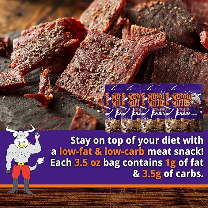 Mingua Beef Jerky Cajun-Seasoned - Nitrite-Free Spicy Beef Jerky - 100% US Beef Four 3.5-Ounce Bags
