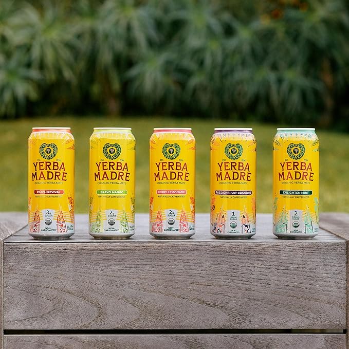 Yerba Madre Organic Yerba Mate Low Sugar Peach Revival 150mg Natural Caffeine Energy Drink Alternative No Jitters or Crash 15.5 Oz (Pack of 12)