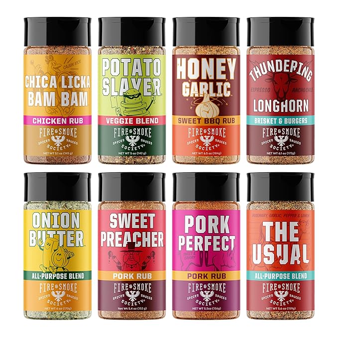 Fire &amp Smoke Society Essential Grill Variety Pack | BBQ Rubs and Seasonings Father's Day Gifts for Dad Mens Gifts | Steak Seasoning Chicken Burgers Pulled Pork | Large Spices Set (8-Pack)