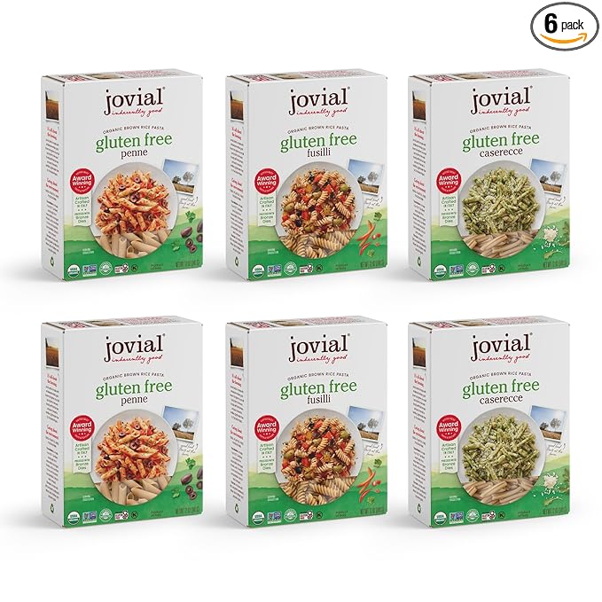 Jovial Whole Grain Brown Rice Pasta Variety Pack (Penne Fusilli Caserecce) - Whole Grain Pasta Organic Pasta Gluten Free Dairy Free Brown Rice Pasta Made in Italy - 12 Oz 6 Pack