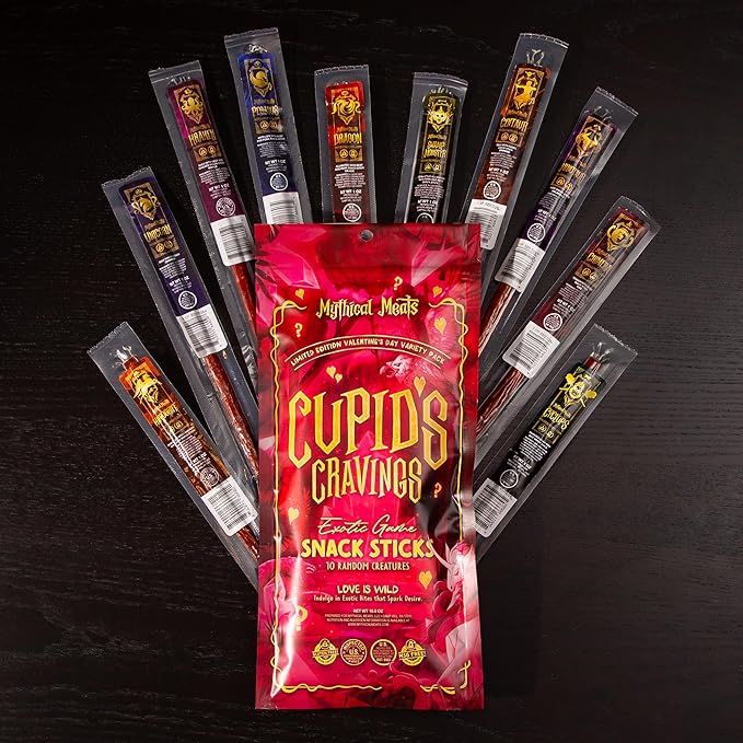 Mythical Meats Cupid's Cravings Random Flavor Sampler Pack – 10 Random Exotic Game and Beef Snack Sticks – Dried &amp Dehydrated Meats Seasoned to Perfection – High Protein Keto Friendly Snacks