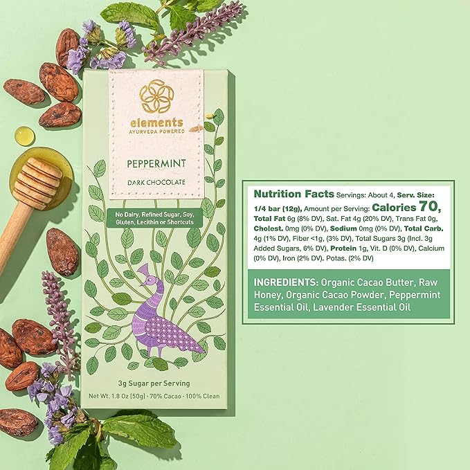 Elements Truffles Peppermint Flavoured Dark Chocolate Bar| Ayurvedic Vegan &amp Gluten Free | No Refined Sugar &amp Artificial Flavours | Enriched with Cocoa Coconut Sugar &amp Lavender 50g