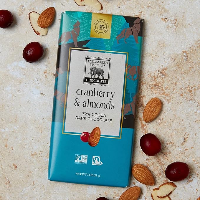 Endangered Species Dark Chocolate Bar w/Cranberries &amp Almonds (72% cocoa)