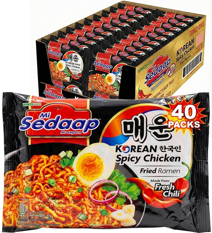 Mi Sedaap Korean Spicy Chicken Instant Fried Ramen Noodles (Pack of 40) – Made with Fresh Chili