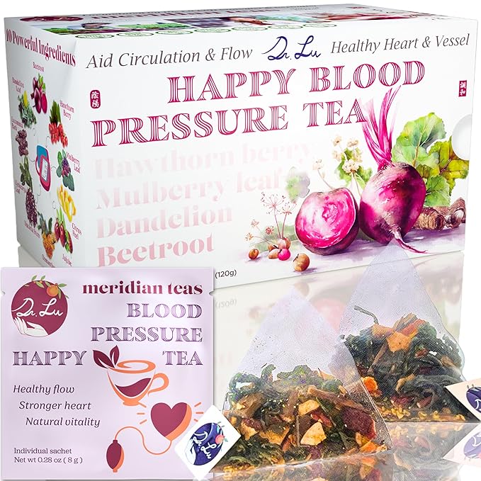 Dr. Lu’s Happy Blood Pressure Tea | 100% Natural Heart Functional Tea for Blood Pressure Support | Beetroot Hawthorn Berry Mulberry Leaf Dandelion 10 Super Herbs in Corn Fiber Pyramid Bags
