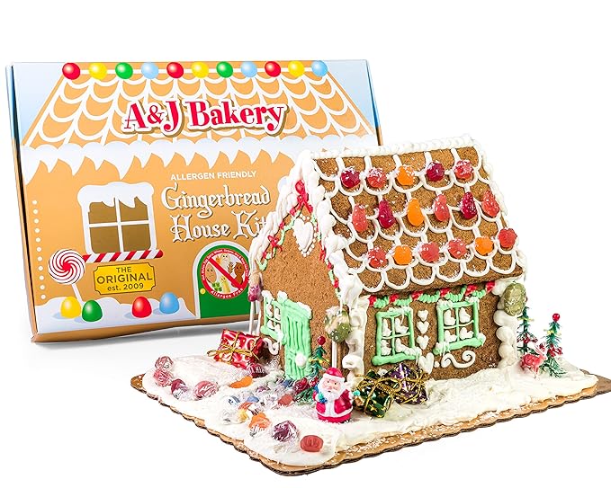 Vegan Allergen-Friendly Gluten-Free Cookie House Kit – 6 Pre-Baked Pieces Display Board Allergen-Free Candy &amp Non-Edible Decorating Figures (Pack of 1 Gingerbread)