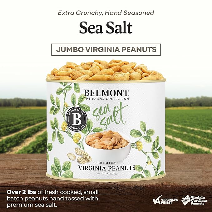 Belmont Peanuts Gourmet Sea-Salted Virginia Peanuts 38 oz (1 Pack) – Only 3 Simple Ingredients No Preservatives 7g Protein – A Premium Salty Crunchy Hand Seasoned Snack