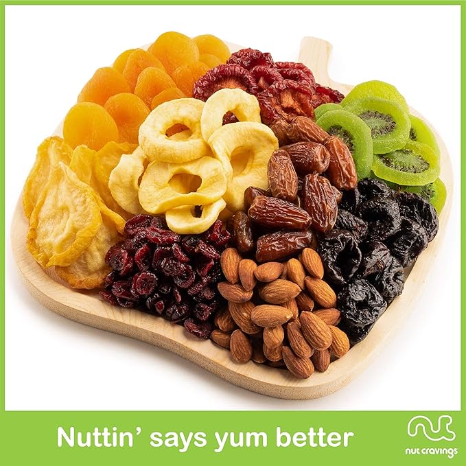 NUT CRAVINGS - Dried Fruit &amp Mixed Nuts Gift Basket in Wooden Apple-Shaped Tray (9 Assortments) Ramadan Gifts Food Arrangement Healthy Snack Care Package
