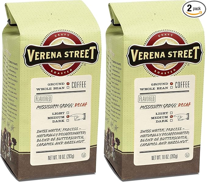 Verena Street 10 Ounce Ground Swiss Water Process Decaf Mississippi Grogg Decaffeinated Medium Roast Rainforest Alliance Certified Arabica Coffee (Pack of 2)