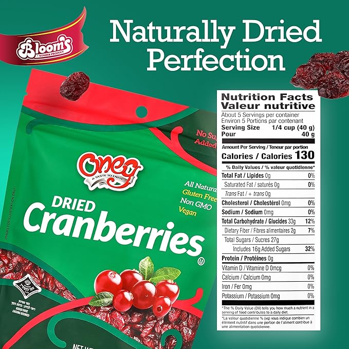 Oneg Dried Cranberries Dried Fruit Snack Gluten Free All Natural Healthy Snack for Kids and Adults Non-GMO Vegan No Sodium Cranberry Fruit Snack Sweet Snack in Resealable Bag 12 Pack 84 0z.