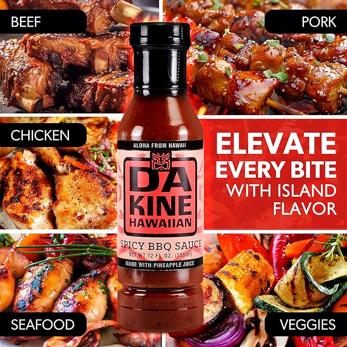 Da Kine Hawaiian Spicy BBQ Sauce Premium Gourmet Barbecue Sauce Made in Small Batches Gluten-Free BBQ Sauce for Meat Fish and Vegetables - Spicy (3 Pack)
