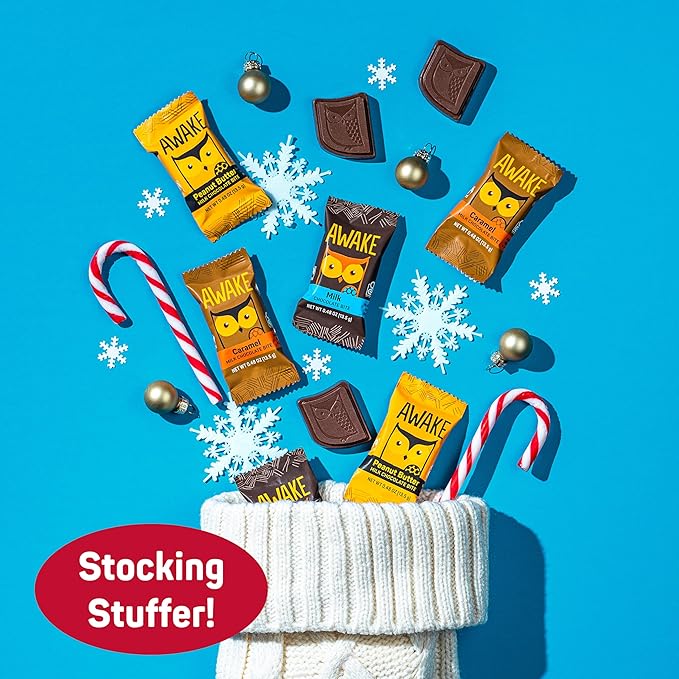 AWAKE - Caffeinated Chocolate Bites - 50mg Caffeine per bite - Winter Wake Up Variety Pack (3 Flavors) 50 Bites - Peanut Butter Milk &amp Caramel - Energy Bites - Coffee Alternative - 0.48oz each