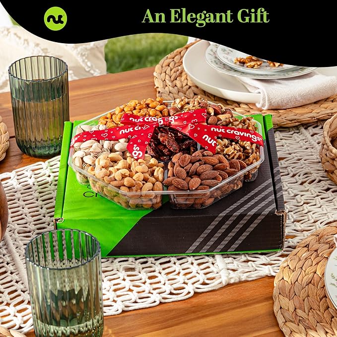 NUT CRAVINGS - Easter Mixed Nuts Gift Basket + Heart Ribbon (7 Assortments) Ramadan Gifts Saint Patrick's Day Treats for Adults Food Arrangement Healthy Snack Care Package Kosher