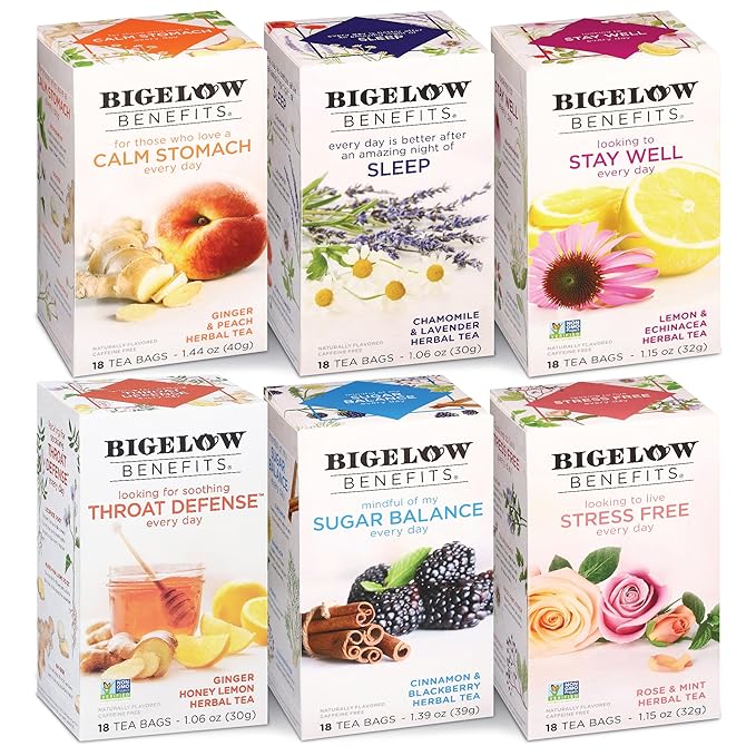 Bigelow Benefits Wellness Teas Variety Pack Mixed Caffeinated Green Matcha &amp Caffeine-Free Herbal Tea 18 Count (Pack of 6) 108 Total Tea Bags (Packaging May Vary)