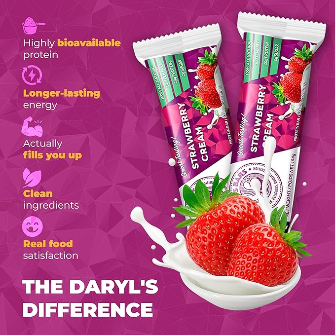 Daryl's Bars Strawberry Cream On the Go Whey Protein Bars Gluten Free Low Sugar 20gr of Protein Snack Meal Replacement Pack of 1