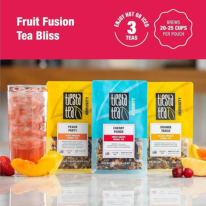 Tiesta Tea - Fruit Frenzy Trio Loose Leaf 3 Exotic Herbal Blends Assorted Non-Caffeinated Fruit Teas Makes Hot or Iced 2oz Pouches of Cherry Punch Peach Party Orange Tango (Pack of 3)