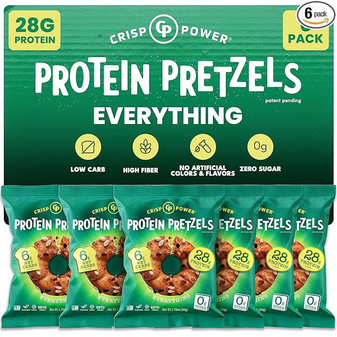 CRISP POWER Protein Pretzels Everything 28G Protein High Protein Snack High Fiber Low Carb Crunchy Pretzel Snacks No Added Sugar 1.75 oz Bags 6 Pack Vegan Keto