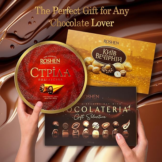 Roshen Chocolate Gift Boxes Bundle Kyiv Vechirnii 12.4 oz Chocolateria 6.8 oz &amp Strila Podilska 7.3 oz Assorted Gourmet Dark Chocolates Elegant European Candy Gift Set of 3 for Birthday &amp