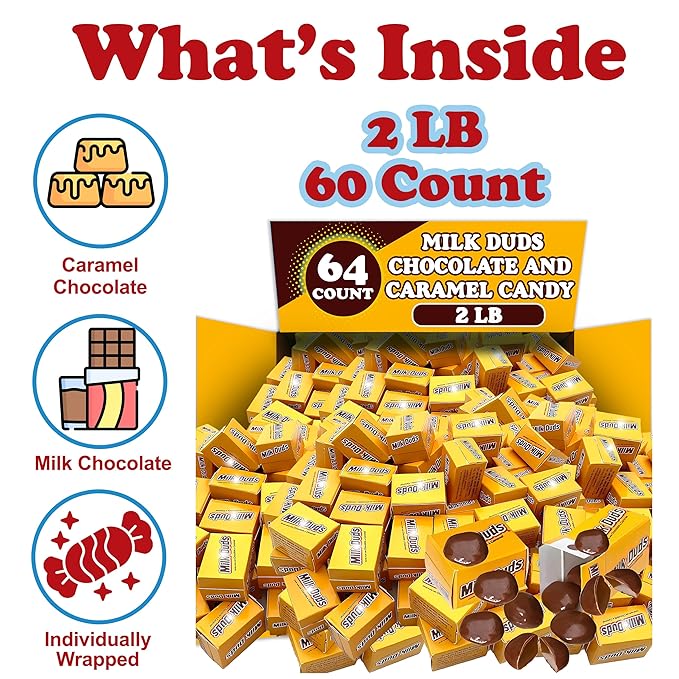 Milk dud Chocolate and Caramel Candy Boxes 2 Lbs Bulk Milk Chocolate Covered Chewy Caramel Candy Individually Wrapped Candy Snacks for Parties and Snacking Appx 64 Mini Boxes