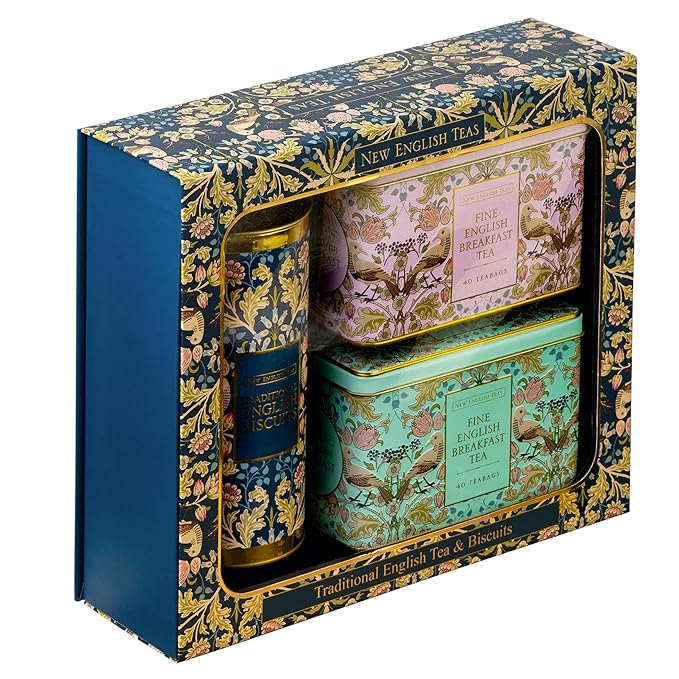 New English Teas Traditional Tea &amp Cookies Gift Set with 80 English Breakfast Teabags &amp Cornish Cookies