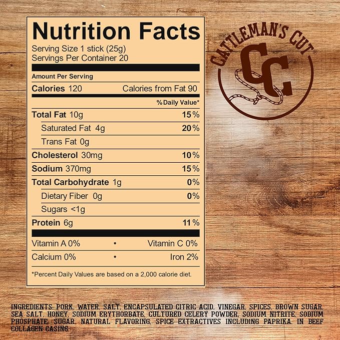 Cattleman's Cut Double Smoked Sausages Meat Sticks Premium Bulk Protein Snacks Keto Friendly Gluten Free Carnivore Travel Snack Individually Wrapped 0.9 Ounce Pack of 20