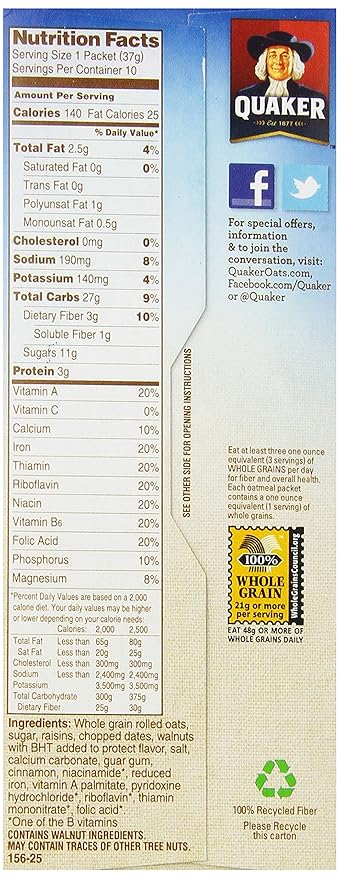 Quaker Instant Oatmeal Raisin Date &amp Walnut 1.3 Ounce Packs - 10 Count Boxes 13 ounce (Pack of 12)