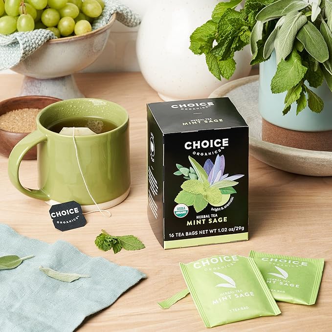 Choice Organic Mint Sage Herbal Tea Caffeine Free 16 Bags (Pack Of 6)