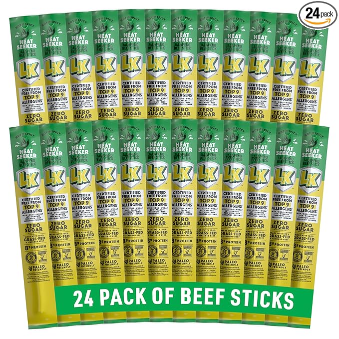 Lorissa's Kitchen Heat Seeker Jalapeno Beef Sticks - (Pack of 24) 1 oz Meat Sticks - Ready to Eat Protein Snacks - Free from Top 9 Allergens - Made with Grass-Fed &amp Finished Beef - Zero Sugar