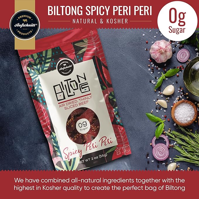 Aufschnitt Biltong Beef Jerky Slices South African Style Beef - Air Dried No Sugar All Natural Ingredients Gluten Free Made in USA Spicy Peri Peri 2oz 3 Pack