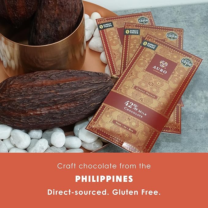 Auro 42% Milk Chocolate 3 Pack - Filipino Chocolate - Premium Made At Origin Direct Trade Bean-to-Bar Woman Owned BIPOC Owned - Gluten-Free Halal - Bundle