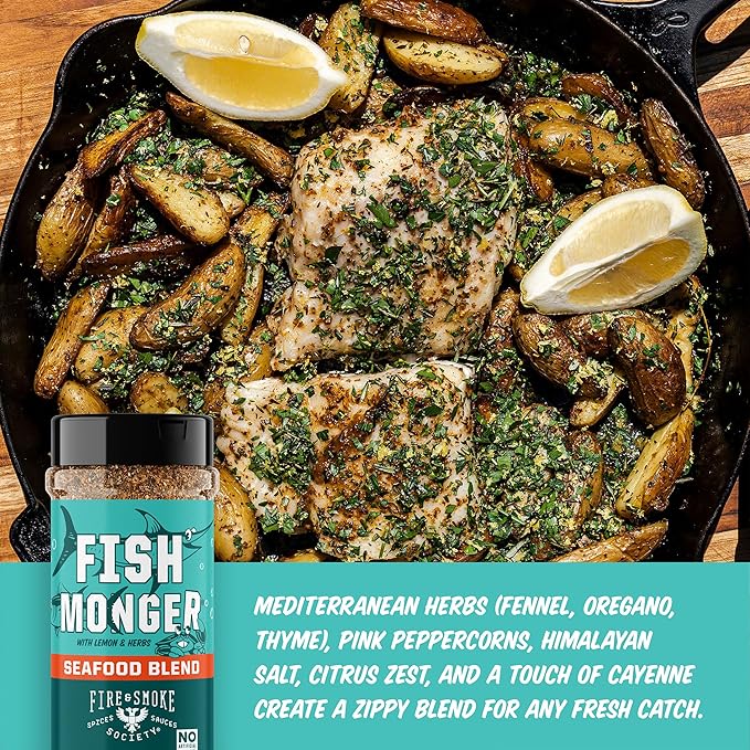 Fire &amp Smoke Society Fish Monger Seafood Seasoning | Fish Seasoning for Snapper Swordfish Tuna Catfish Salmon | BBQ Rubs and Spices | Himalayan Pink Salt Garlic Aromatic Herbs Lemon and Ora