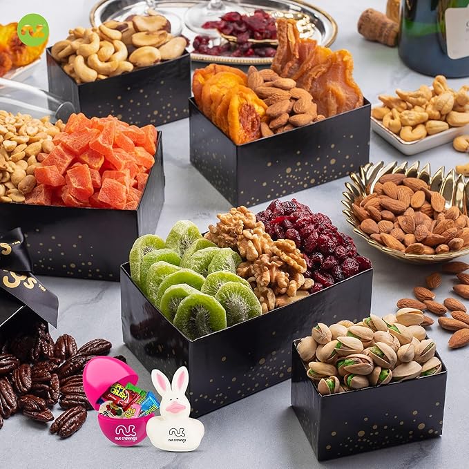 NUT CRAVINGS Gourmet Collection - Easter Treats Candies &amp Dried Fruit Nuts Tower Gift Basket with Happy Easter Ribbon Candy Filled Egg + Bunny (12 Piece Assortment)