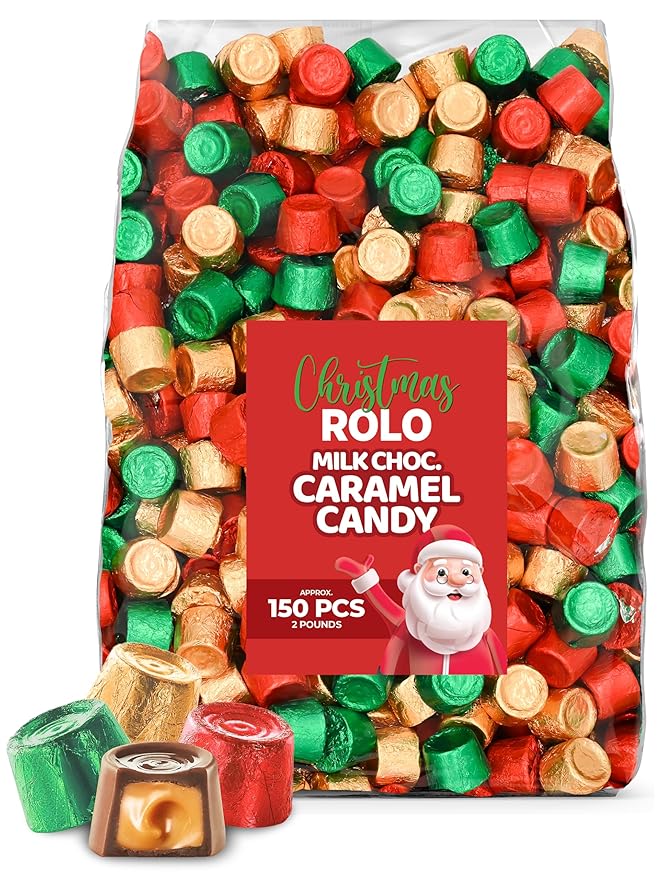 Christmas Milk Chocolate Caramel Candy Rich Creamy Milk Chocolate with Smooth Caramel Red Green Gold Wrapped Bulk Pack 2 lb (Approx. 150 Pieces) | Festive Stocking Stuffers Party Favors Baking &