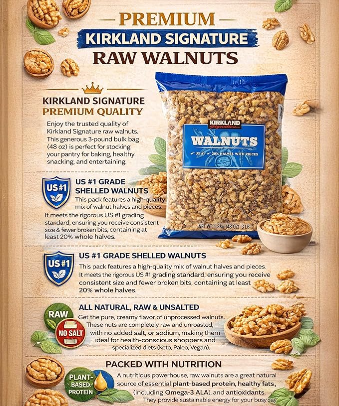US #1 Grade Raw Walnuts 3 Pound (48 oz) Bulk Bag – Extra Fancy Shelled Walnut Halves &amp Pieces – Unsalted &amp No Salt Added – Heart Healthy Omega-3 – Kosher