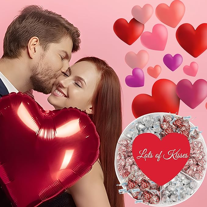 Valentine's Chocolate Candy Gift Box Hershey Milk Chocolate Kisses Assortment in Red and Silver Foils Heart Adorned 6 Sectional Tray Gift Basket for Wife Husband Couples Friends Men and Women