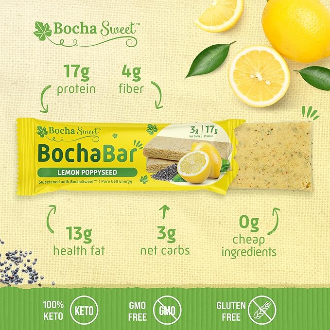 BochaSweet Keto Protein Bar Lemon Poppyseed BochaBar 17g Grass Fed Collagen Low Carb Keto-Friendly Gluten Free 12 Count