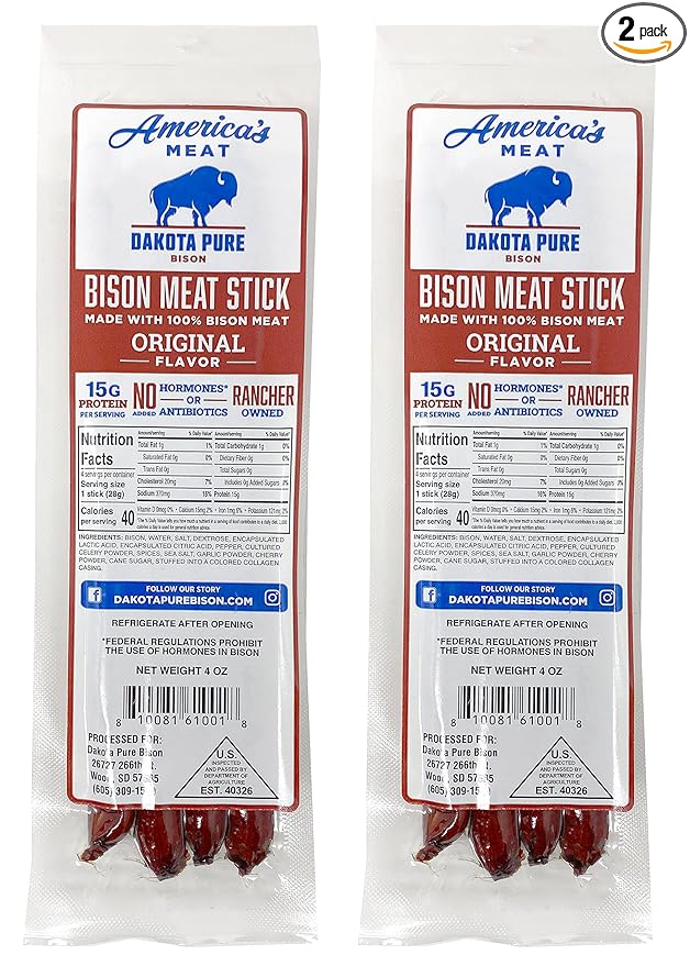 Dakota Pure Bison Meat Stick Pack of 2 (8 Meat Sticks) Original Bison Jerky Sticks - Hormone and Antibiotic Free 2 Pack