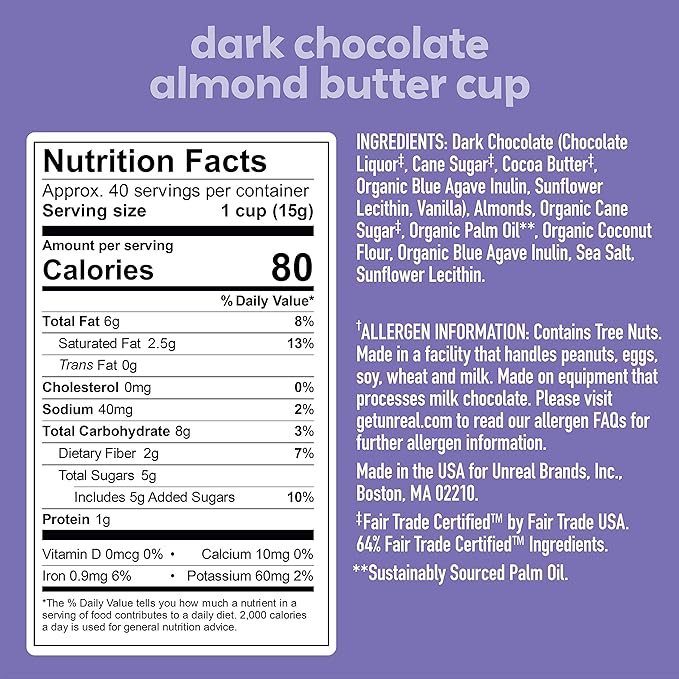 UNREAL Dark Chocolate Almond Butter Cups| 5g Sugar | Certified Vegan Gluten Free Fair Trade Non-GMO | No Sugar Alcohols or Soy | 0.53 Ounce (Pack of 40)