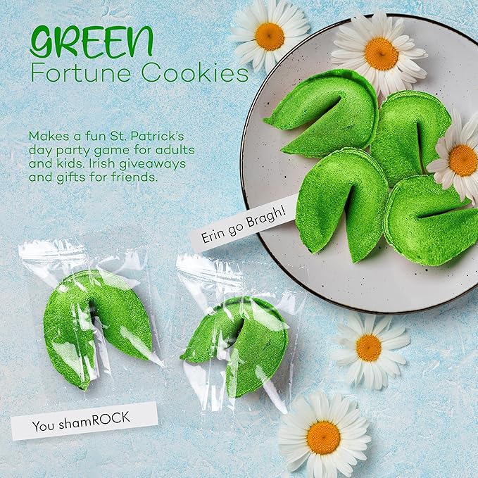 4E's Novelty St Patricks Day Fortune Cookies (50 Pack) Bulk Individually Wrapped Green Fortune Cookies With 50 Unique St Patricks Day Themed Fotune Party Favors &amp Candy Bowl Filler