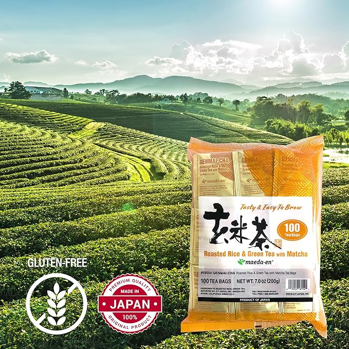 MAEDA-EN Genmai-cha with Matcha Roasted Rice and Green 100 Tea Bags Powder Japanese Origin Green Tea Leaves Individually Wrapped Teabags 18554 1pk