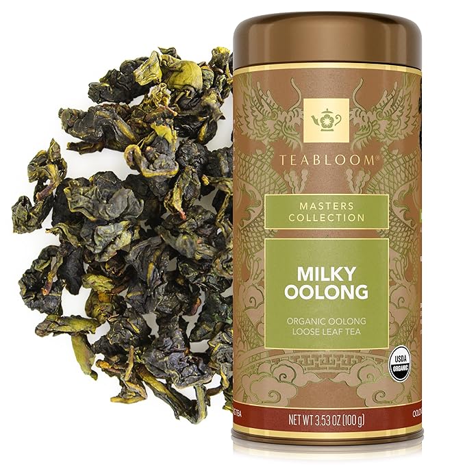 Teabloom Organic Oolong Tea Milky Oolong Loose Leaf Tea Rolled Leaves Famous for its Milky Taste and Silky Texture 3.53 oz/100 g Canister Makes 35-50 Cups