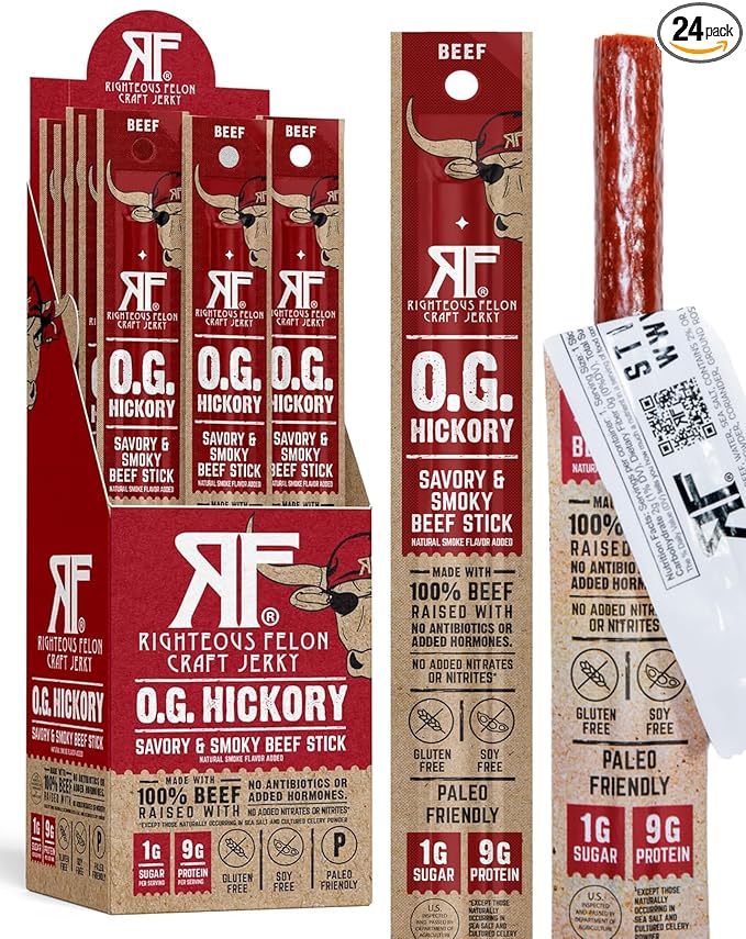 Righteous Felon Meat Sticks | 100% Grass Fed Beef | 9g Protein per Stick | Keto Gluten-Free Low Sugar High Protein Snack Sticks | Individually Wrapped | OG Hickory Beef Sticks 24 Count
