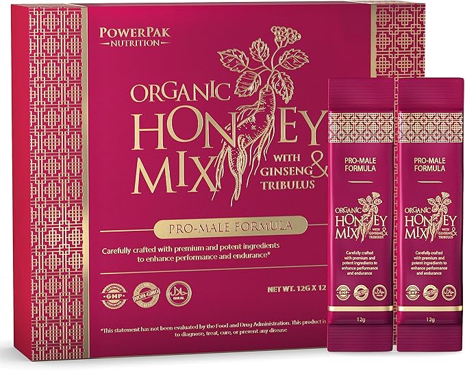 PowerPak Extra Strength Honey Mix | Honey Packets with Natural Jelly Bee Pollen Panax Ginseng &amp Tribulus | Mixed Honey Infused with Premium Ingredients for Long Lasting - 3 Days | Packs of 12 Sac