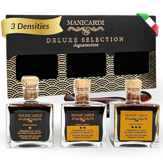 MANICARDI Set of 3 Condiments with Balsamic Vinegar of Modena PGI - Selected with Three Different Degrees of Density - Made in Italy 100 ml Each