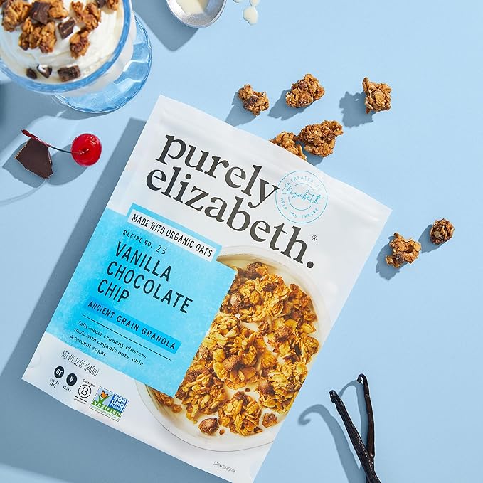 Purely Elizabeth Vanilla Chocolate Chip Granola Made with Organic Oats and Ancient Grains Gluten-Free Non-GMO (3 Ct 12oz Bags)