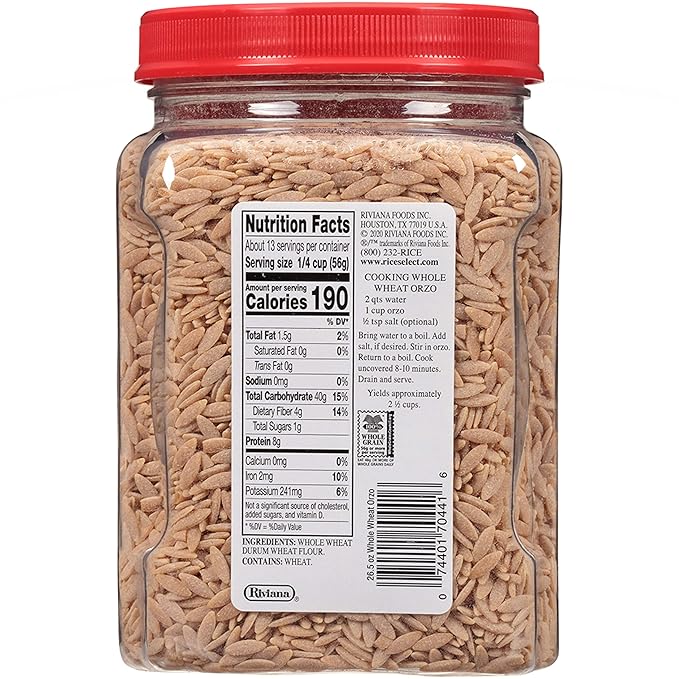 RiceSelect Whole Wheat Orzo Rice-Shaped Pasta Non-GMO Vegan 26.5-Ounce Jars 4-Count